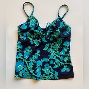 LANDS END Blue & Green Floral Print Front Tie Tankini Swim Top SZ 8 Shelf Bra